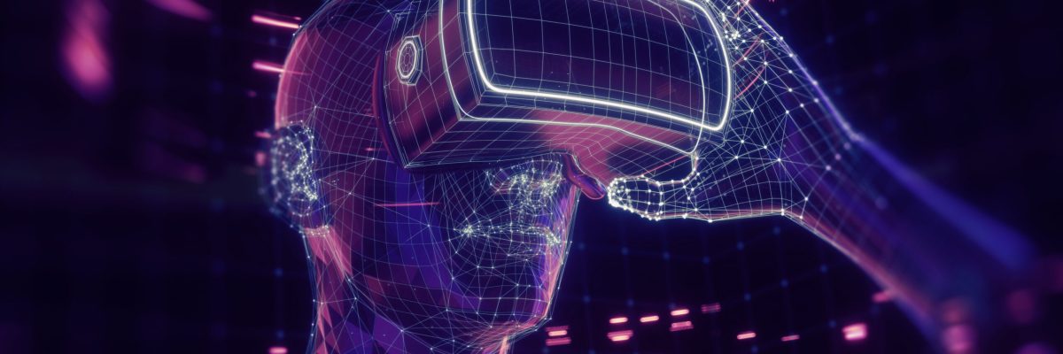 3D render of virtual man holding virtual reality glasses surrounded by virtual data with neon ultraviolet lines. Player begins the VR game. VR experience.