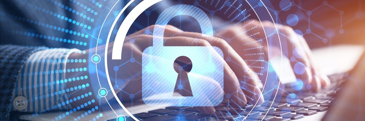 Digital cybersecurity and network protection concept. Virtual locking mechanism to access shared resources. Interactive virtual control screen with padlock. Businessman working at laptop on background