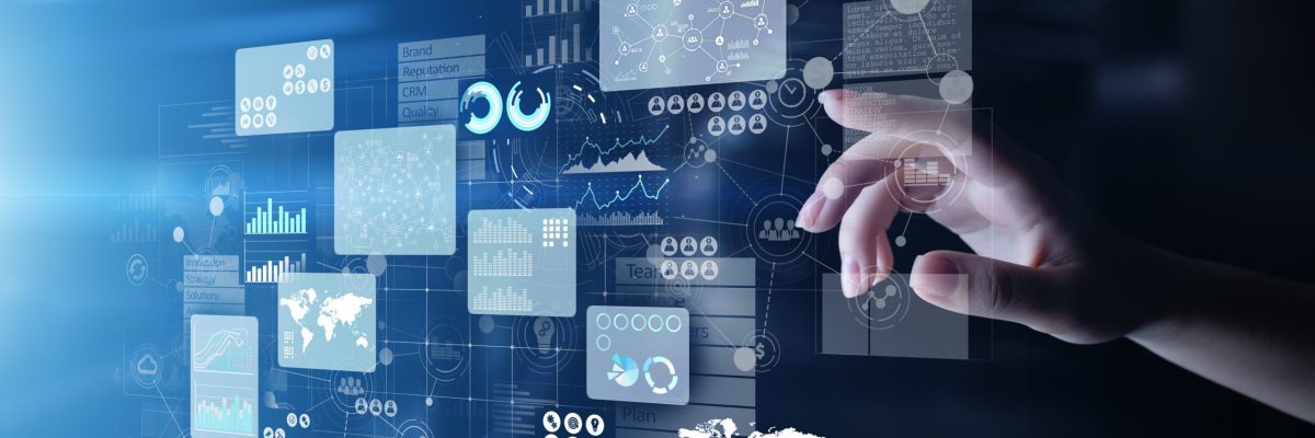 Business intelligence analyst dashboard on virtual screen. Big data Graphs Charts
