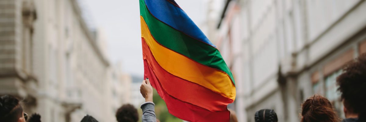 Rear view of people in the pride parade. Group of people on the city street with gay rainbow flag.