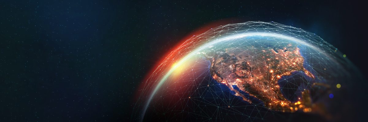 Earth view from space. Global network. Blockchain technology. Planet and communication. Future world 3D illustration. Elements of this image are furnished by NASA