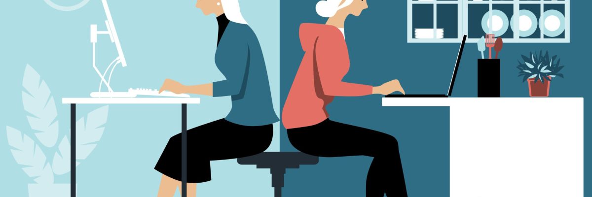 Woman in hybrid work place sharing her time between an office an