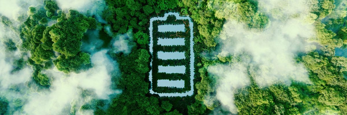 Concept depicting new possibilities for the development of ecological battery technologies and green energy storage in the form of a battery-shaped pond located in a lush forest. 3d rendering.